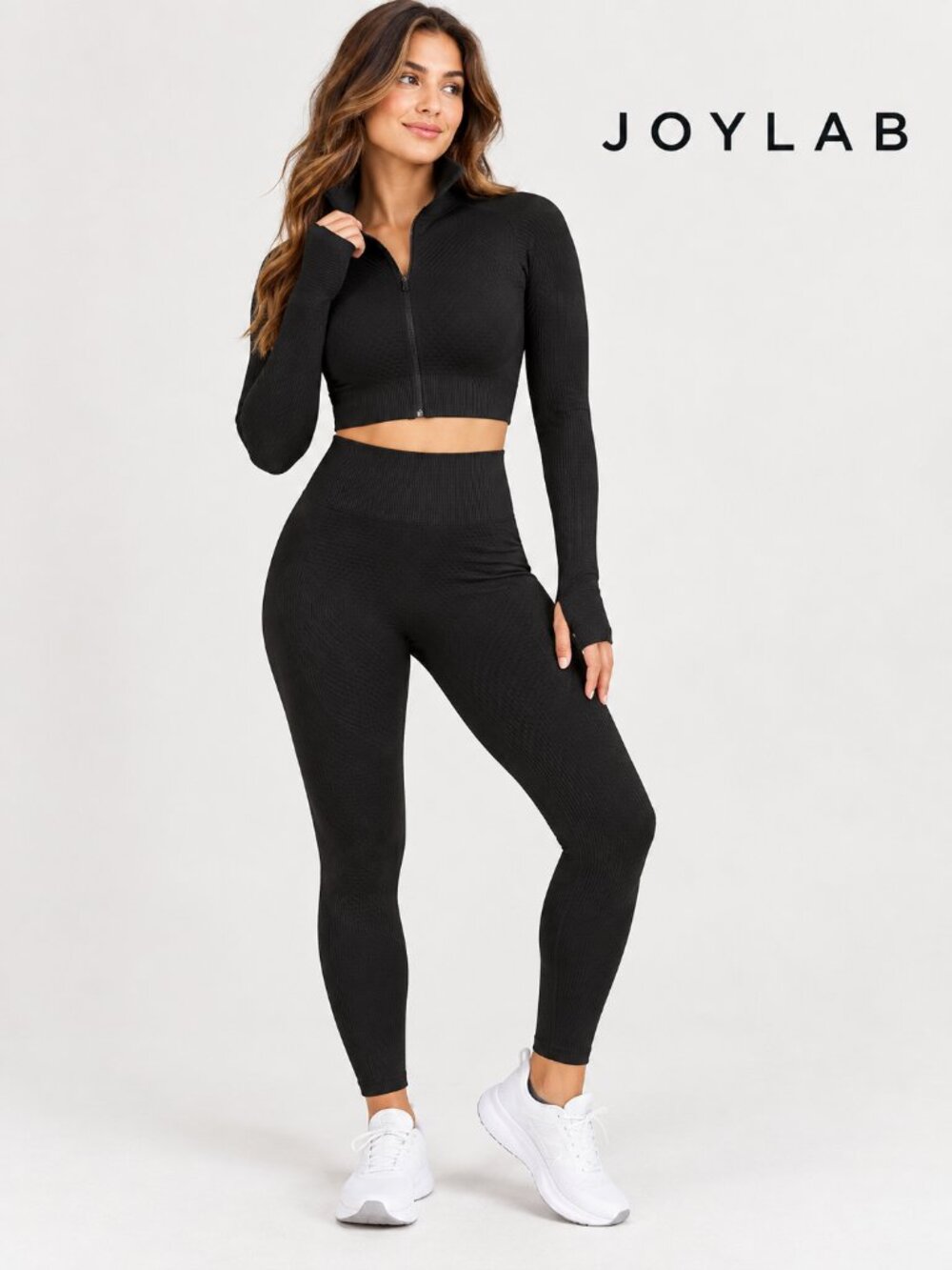 JoyLab Black 2-Piece Workout Set – Zip-Up Crop Top & High-Waisted Leggings
